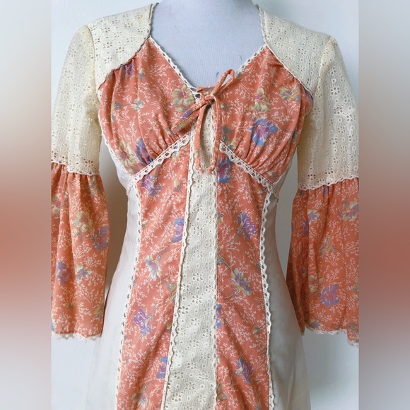 Vintage 60s 70s Prairie Mini Dress / Renaissance Revival Bell Sleeve Mini Dress - Picture 2 of 12